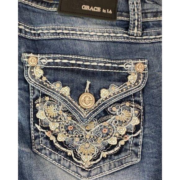 Grace in LA Embellished Straight Leg Jeans  Denim Bejeweled Pockets Size 29 - Picture 6 of 12